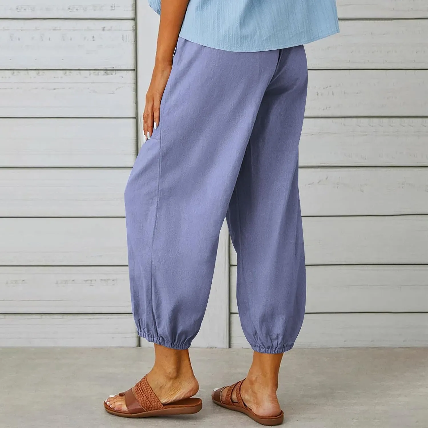 Womens Summer Linen Crop Pants Wide Leg Pants Cotton Linen Pants Elastic Waist Carips Pants Casual Oversized Trousers