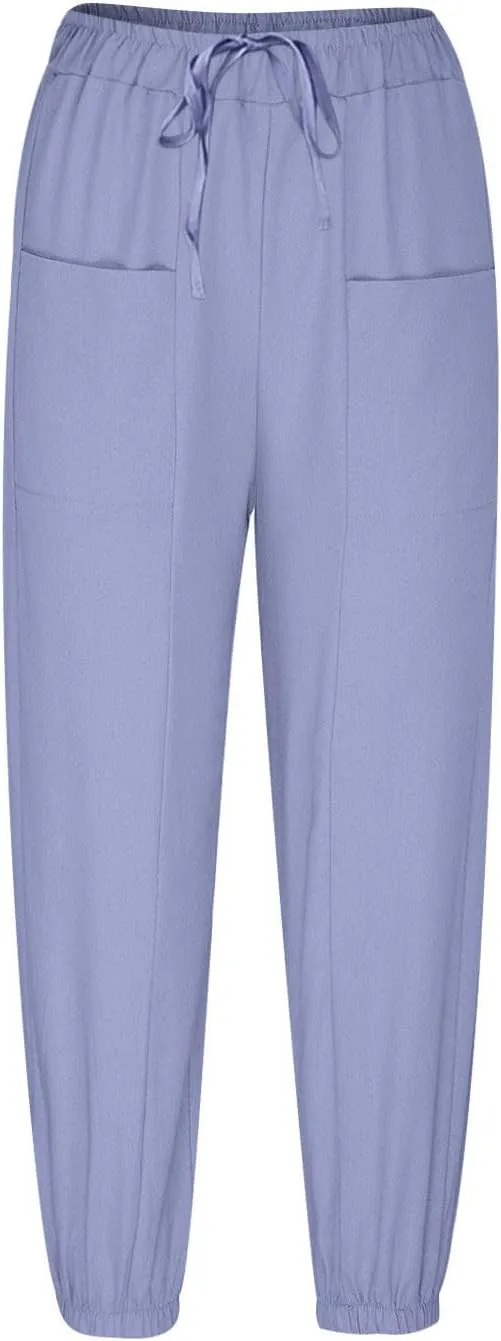 Womens Summer Linen Crop Pants Wide Leg Pants Cotton Linen Pants Elastic Waist Carips Pants Casual Oversized Trousers