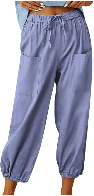 Womens Summer Linen Crop Pants Wide Leg Pants Cotton Linen Pants Elastic Waist Carips Pants Casual Oversized Trousers