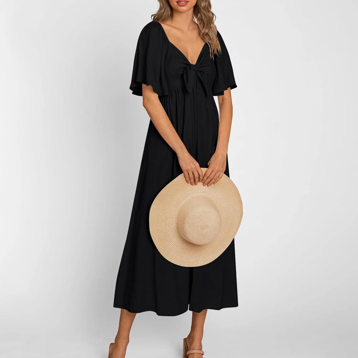 Women's Summer Long Dresses Casual Short Sleeve Flowy Swing Boho Dresses Deep V Neck Elegant Bow tie Beach Dress