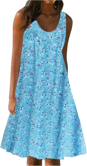 Women's Summer Print Dress Short Sleeve Crew-Neck Loose Dress Beach Dress Sun Dress Ruffled Flowy Midi Dress