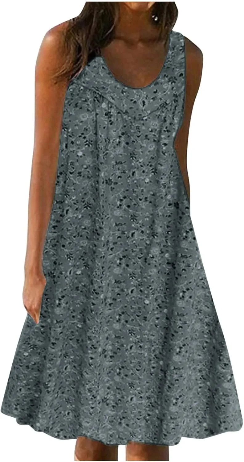 Women's Summer Print Dress Short Sleeve Crew-Neck Loose Dress Beach Dress Sun Dress Ruffled Flowy Midi Dress