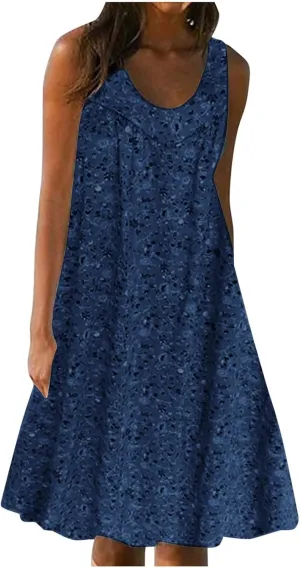 Women's Summer Print Dress Short Sleeve Crew-Neck Loose Dress Beach Dress Sun Dress Ruffled Flowy Midi Dress
