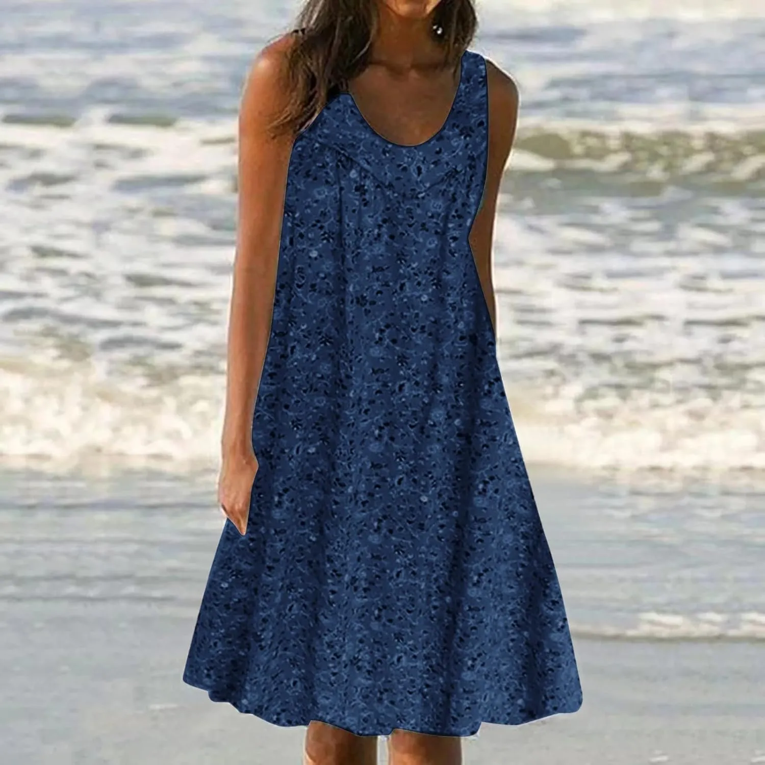 Women's Summer Print Dress Short Sleeve Crew-Neck Loose Dress Beach Dress Sun Dress Ruffled Flowy Midi Dress
