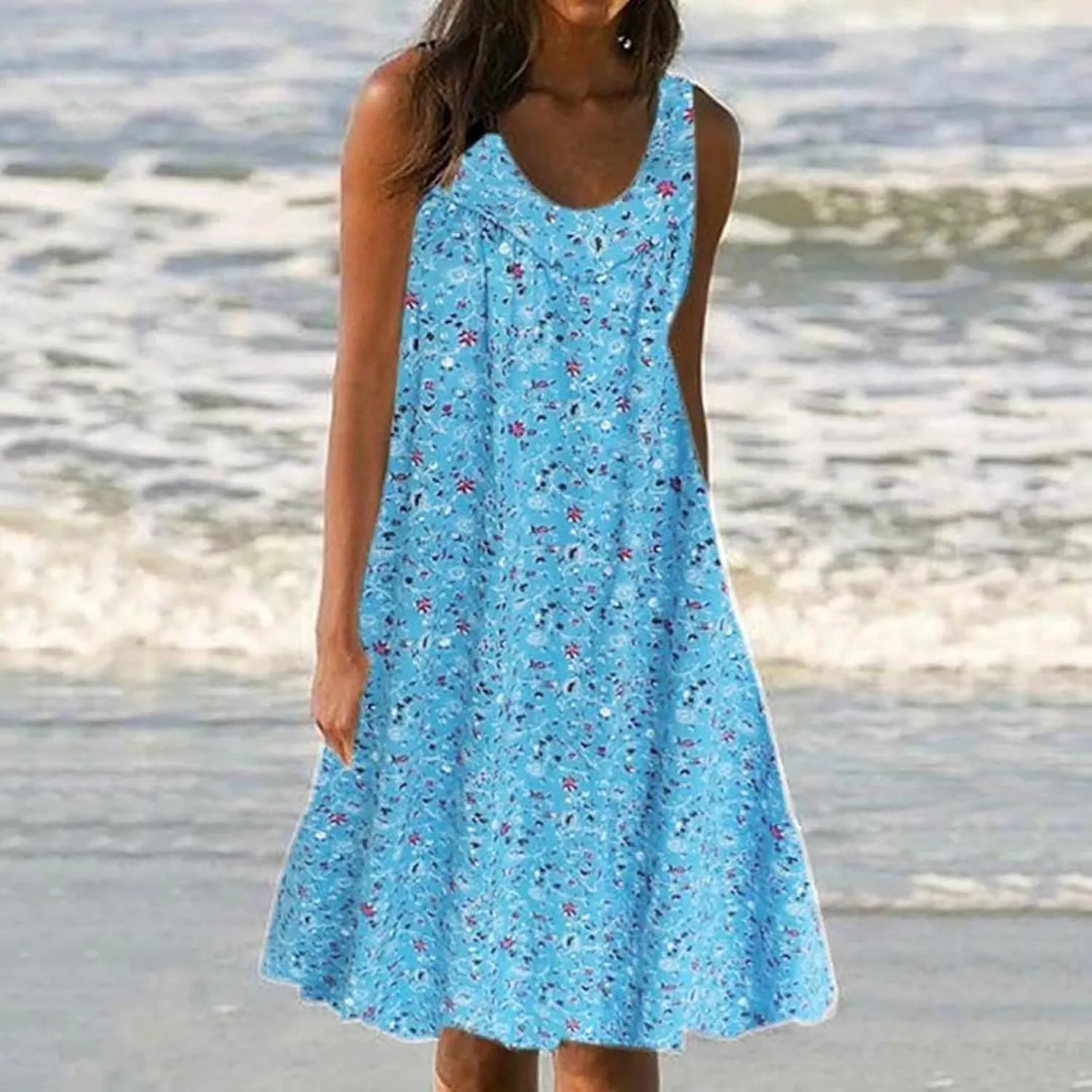 Women's Summer Print Dress Short Sleeve Crew-Neck Loose Dress Beach Dress Sun Dress Ruffled Flowy Midi Dress