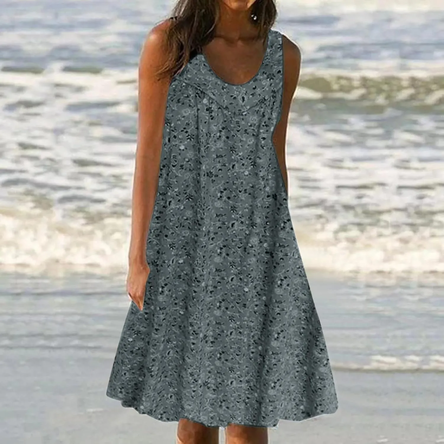 Women's Summer Print Dress Short Sleeve Crew-Neck Loose Dress Beach Dress Sun Dress Ruffled Flowy Midi Dress