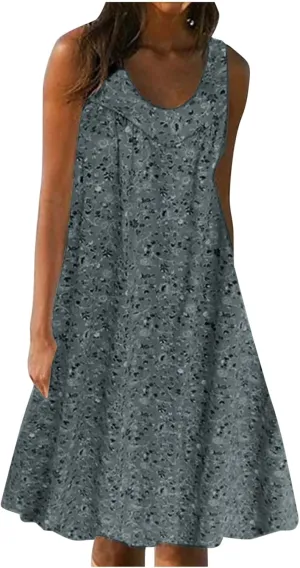 Women's Summer Print Dress Short Sleeve Crew-Neck Loose Dress Beach Dress Sun Dress Ruffled Flowy Midi Dress