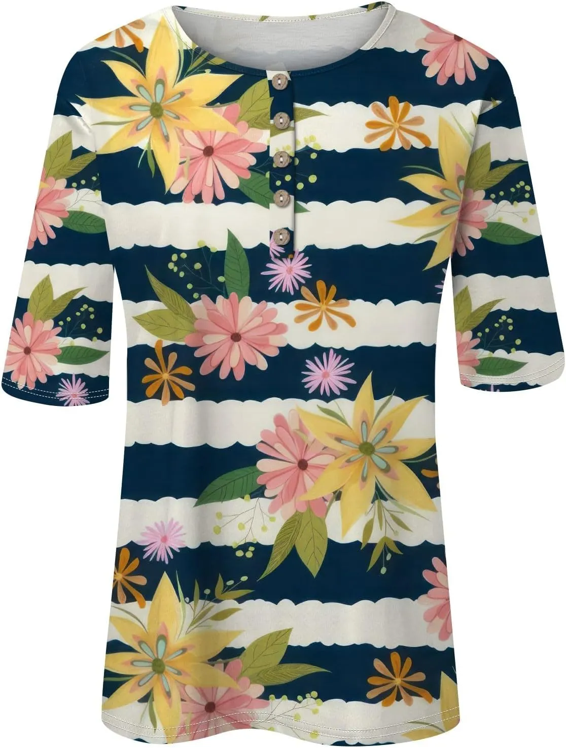 Womens Summer Tops Elbow Sleeve Tops Women Button Down T Shirts Scoop Neck Striped Floral Blouses Dressy Casual