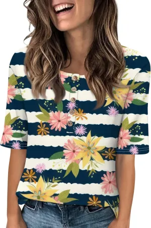 Womens Summer Tops Elbow Sleeve Tops Women Button Down T Shirts Scoop Neck Striped Floral Blouses Dressy Casual