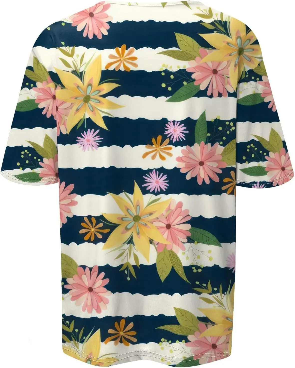 Womens Summer Tops Elbow Sleeve Tops Women Button Down T Shirts Scoop Neck Striped Floral Blouses Dressy Casual