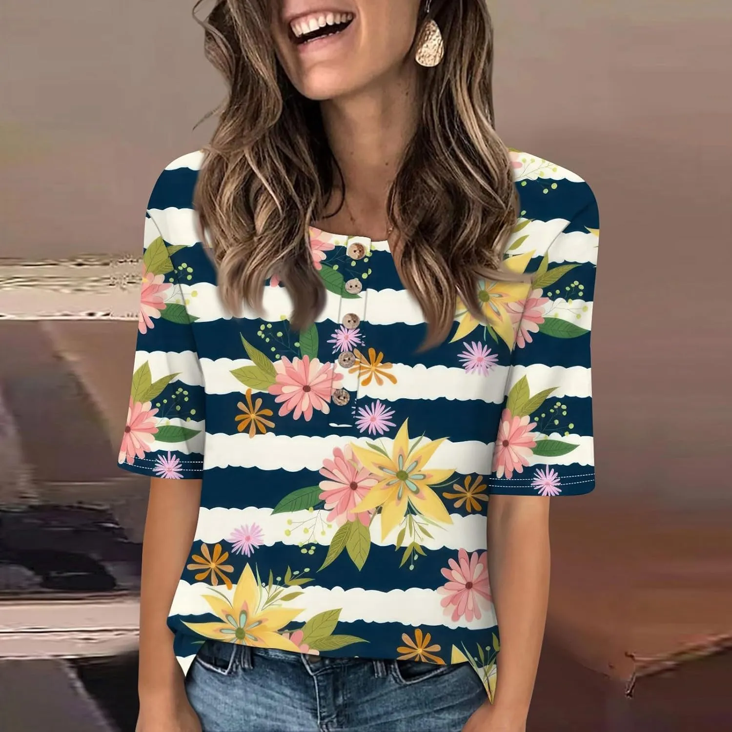 Womens Summer Tops Elbow Sleeve Tops Women Button Down T Shirts Scoop Neck Striped Floral Blouses Dressy Casual