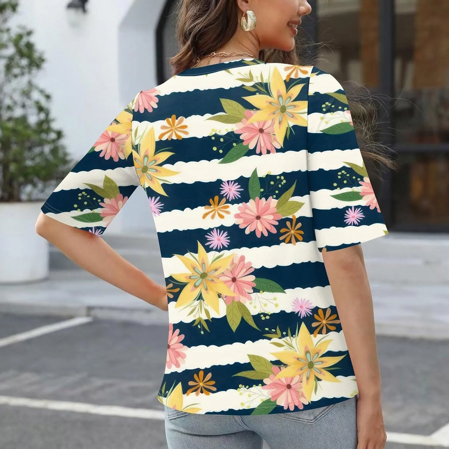 Womens Summer Tops Elbow Sleeve Tops Women Button Down T Shirts Scoop Neck Striped Floral Blouses Dressy Casual