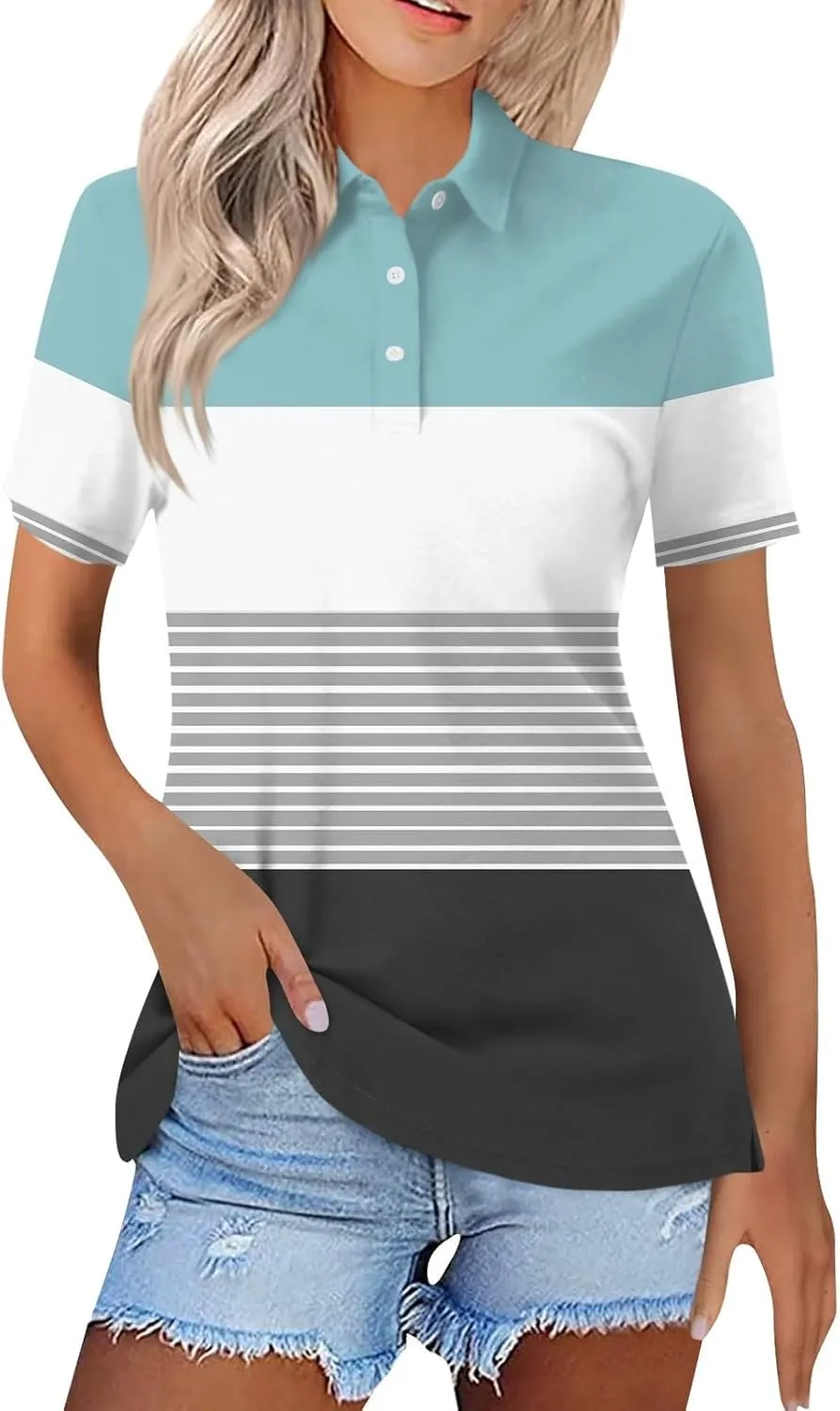 Womens Summer Tops Fashion Dressy Casual Short Sleeve Button Down Collared Polo T-Shirts Loose Fit Blouses