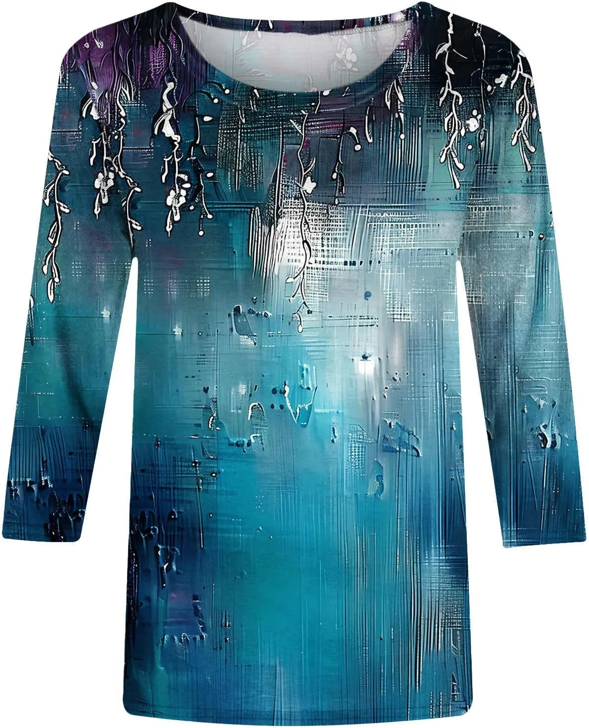 Womens Tops Dressy Casual 3/4 Sleeve Round Neck Shirts Floral Printed Tunic Tee Shirts Cute Loose Fit Blouses Fashion