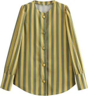 Womens Vertical Striped Button Shirt Fall Long Sleeve Work Shirts Blouse Tops Loose Trendy Crewneck Business Shirts