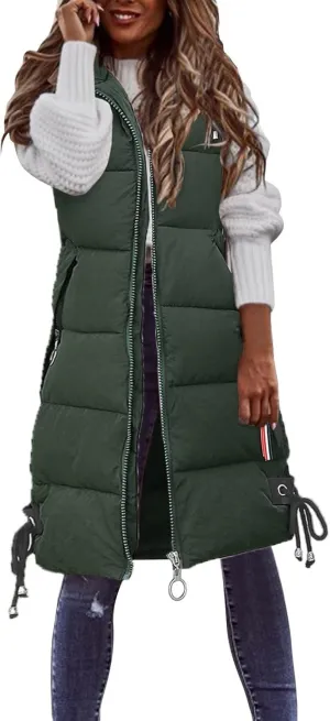 Womens Vest Down Jackets Sleeveless Loose Hooded Long Coat Winter Bomber Softshell Puffer Jacket with Zipper Pockets
