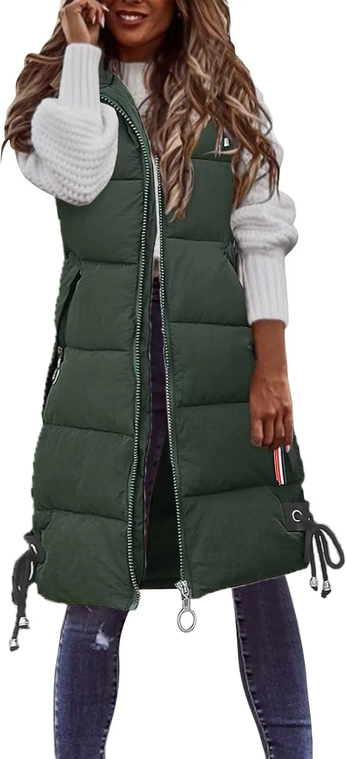Womens Vest Down Jackets Sleeveless Loose Hooded Long Coat Winter Bomber Softshell Puffer Jacket with Zipper Pockets