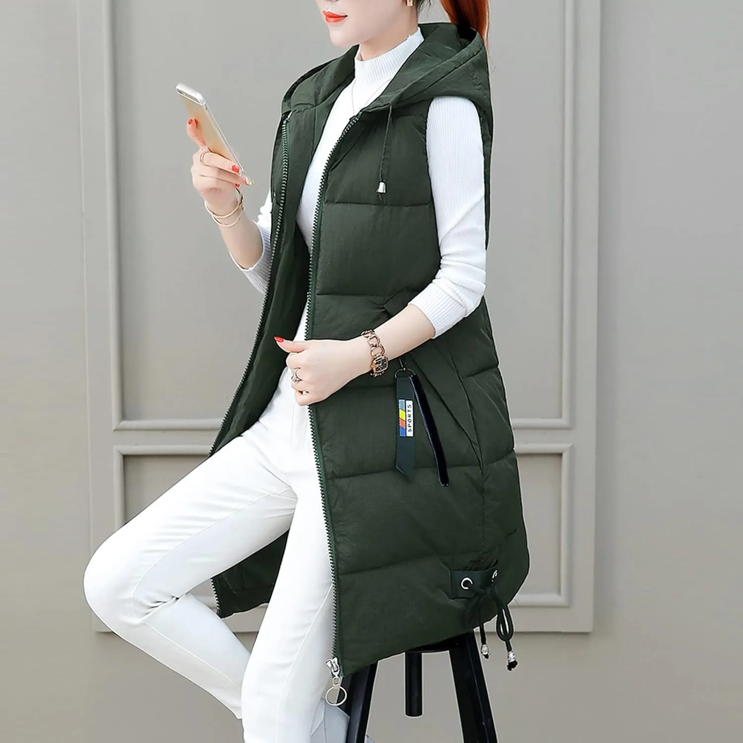 Womens Vest Down Jackets Sleeveless Loose Hooded Long Coat Winter Bomber Softshell Puffer Jacket with Zipper Pockets