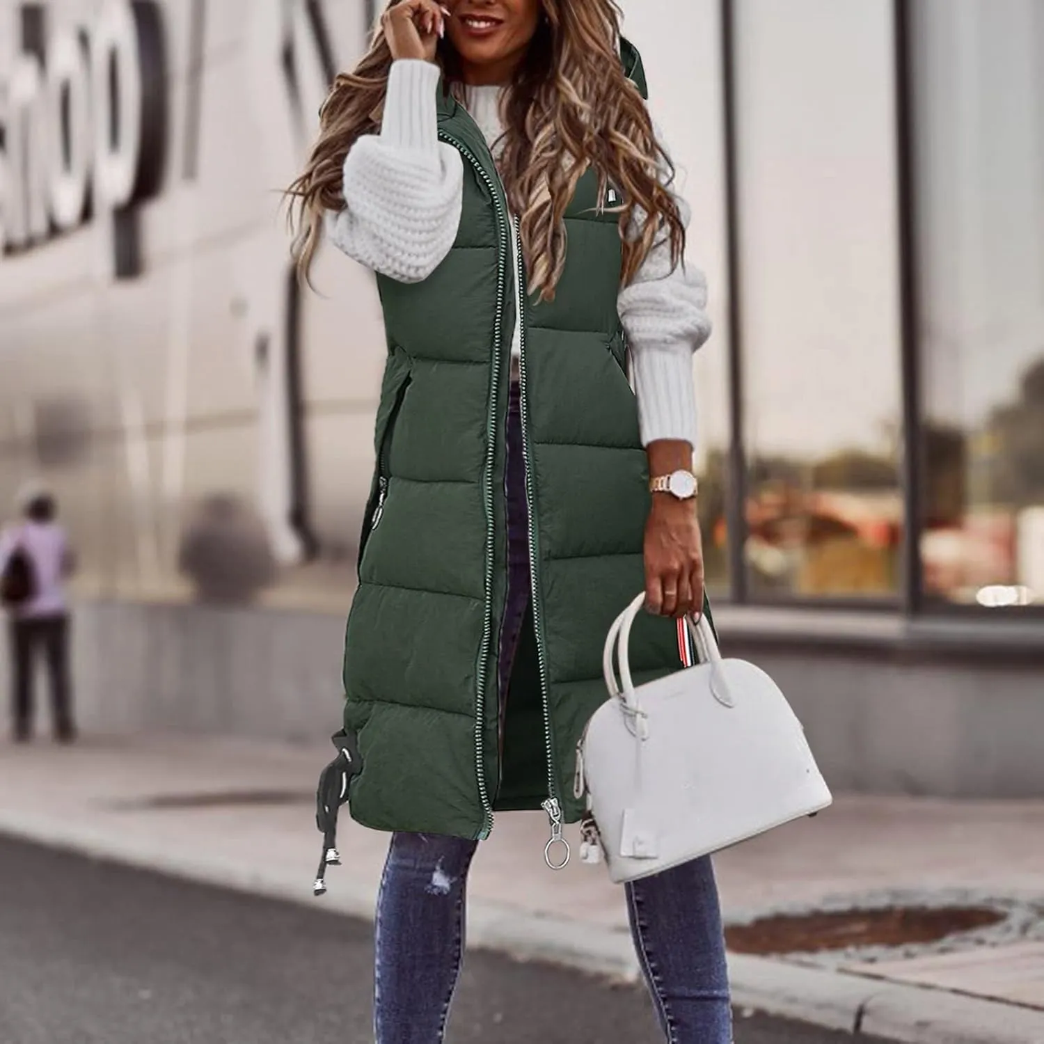 Womens Vest Down Jackets Sleeveless Loose Hooded Long Coat Winter Bomber Softshell Puffer Jacket with Zipper Pockets
