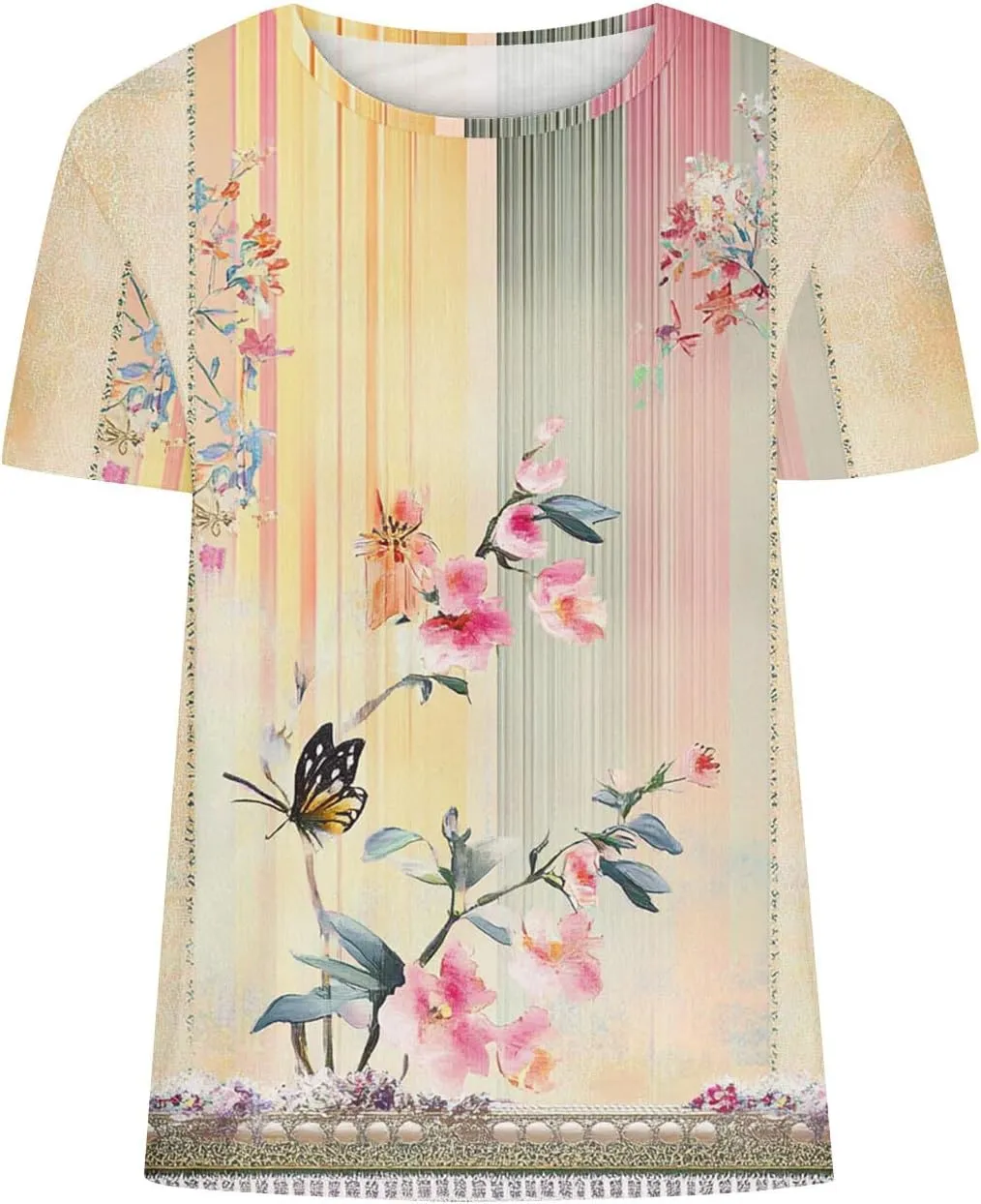 Women's Vintage Floral Tee Shirts 2025 Summer Tops Crewneck Short Sleeve T Shirts Dressy Casual Tunics Cute Blouses