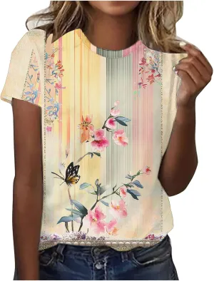 Women's Vintage Floral Tee Shirts 2025 Summer Tops Crewneck Short Sleeve T Shirts Dressy Casual Tunics Cute Blouses