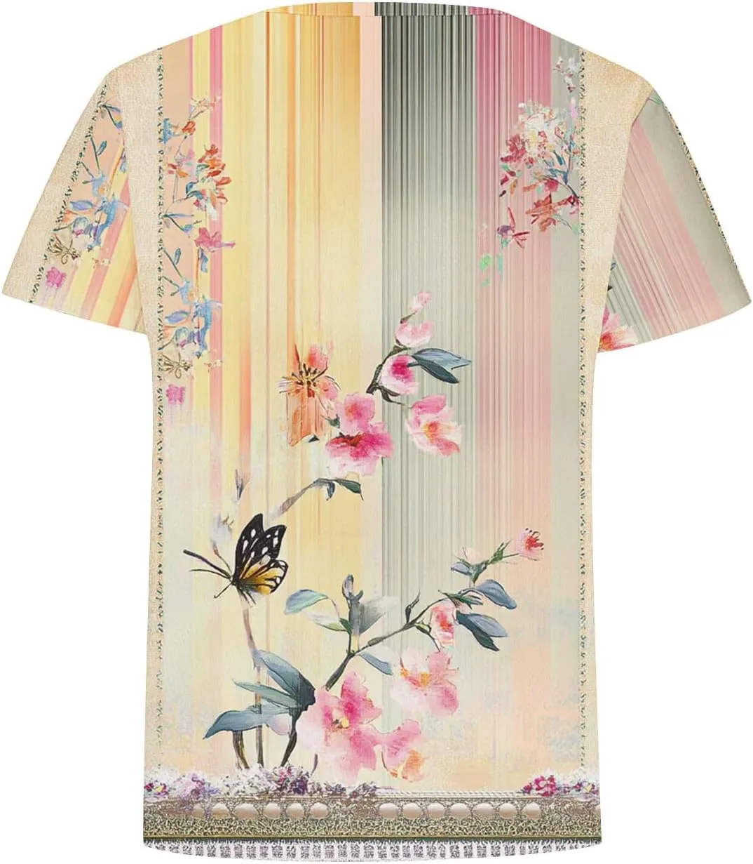 Women's Vintage Floral Tee Shirts 2025 Summer Tops Crewneck Short Sleeve T Shirts Dressy Casual Tunics Cute Blouses