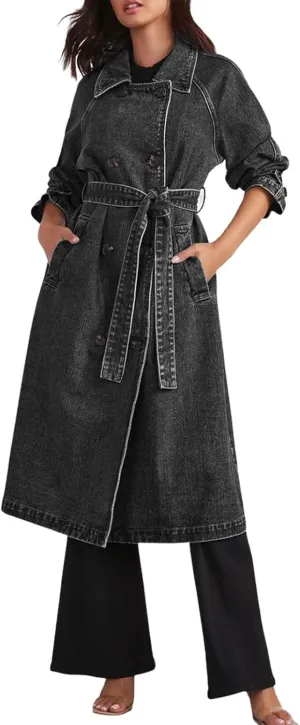 Women's Vintage Midi Long Jean Jacket Loose Fit Double Breasted Denim Jacket Trench Coat With Belt Comfy Jackets