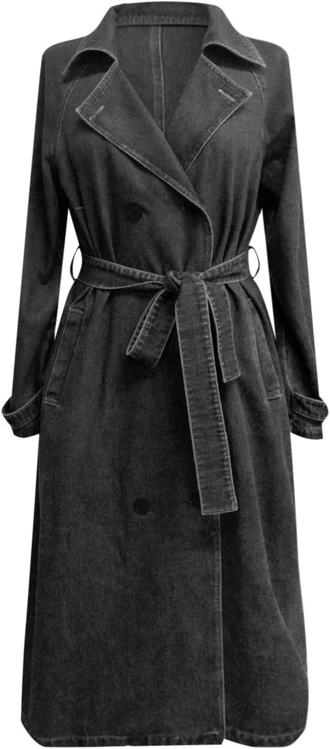 Women's Vintage Midi Long Jean Jacket Loose Fit Double Breasted Denim Jacket Trench Coat With Belt Comfy Jackets