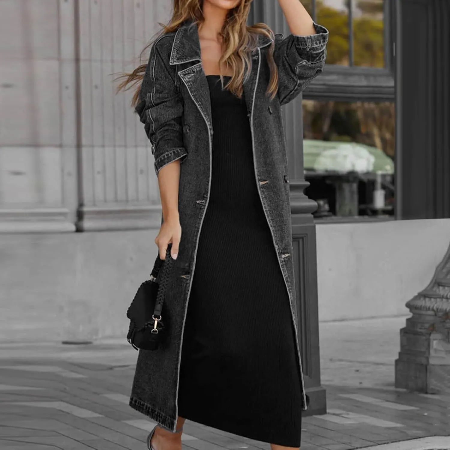 Women's Vintage Midi Long Jean Jacket Loose Fit Double Breasted Denim Jacket Trench Coat With Belt Comfy Jackets