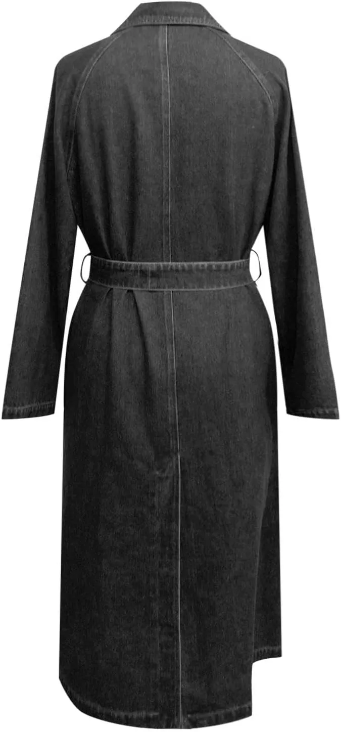 Women's Vintage Midi Long Jean Jacket Loose Fit Double Breasted Denim Jacket Trench Coat With Belt Comfy Jackets