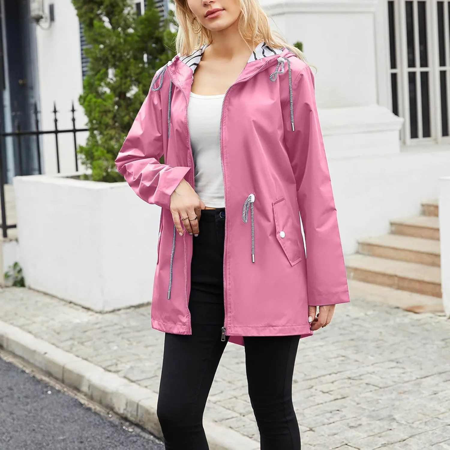 Women's Waterproof Raincoats with Hood Lightweight Zip Up Windbreaker Trendy Rain Jackets Outdoor Hiking Trench Coats