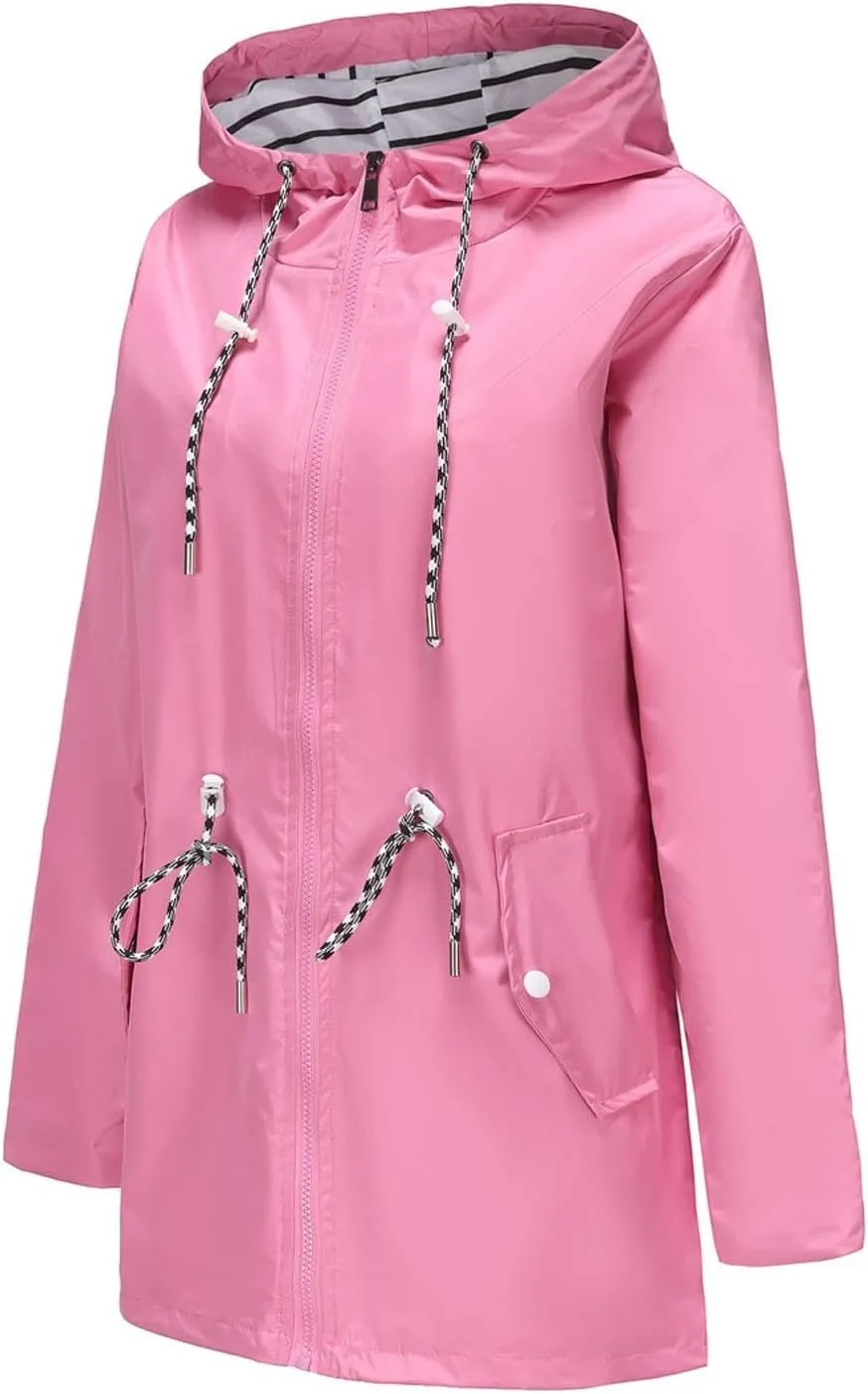 Women's Waterproof Raincoats with Hood Lightweight Zip Up Windbreaker Trendy Rain Jackets Outdoor Hiking Trench Coats