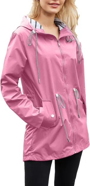 Women's Waterproof Raincoats with Hood Lightweight Zip Up Windbreaker Trendy Rain Jackets Outdoor Hiking Trench Coats