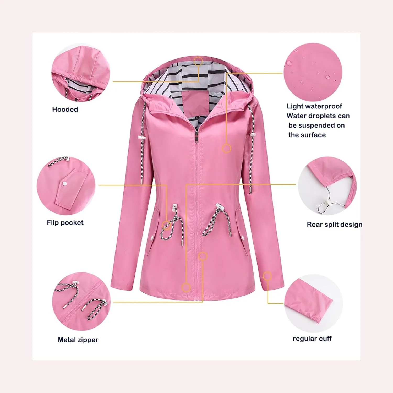 Women's Waterproof Raincoats with Hood Lightweight Zip Up Windbreaker Trendy Rain Jackets Outdoor Hiking Trench Coats
