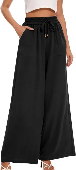Women's Wide Leg Linen Pants Drawstring High Waisted Palazzo Pants Casual Summer Dress Pants Lounge Pants with Pockets