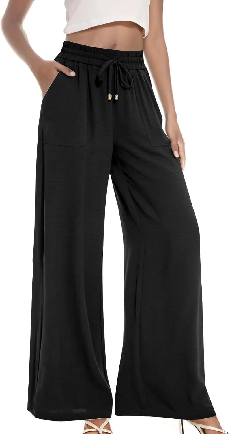 Women's Wide Leg Linen Pants Drawstring High Waisted Palazzo Pants Casual Summer Dress Pants Lounge Pants with Pockets