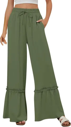 Women's Wide Leg Pants Drawstring Elastic Waist Lace Patchwork Ruffle Hem Flowy Palazzo Flared Trousers with Pockets