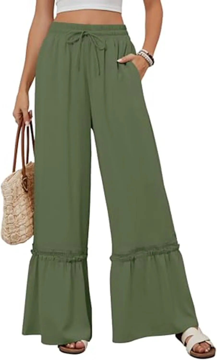 Women's Wide Leg Pants Drawstring Elastic Waist Lace Patchwork Ruffle Hem Flowy Palazzo Flared Trousers with Pockets