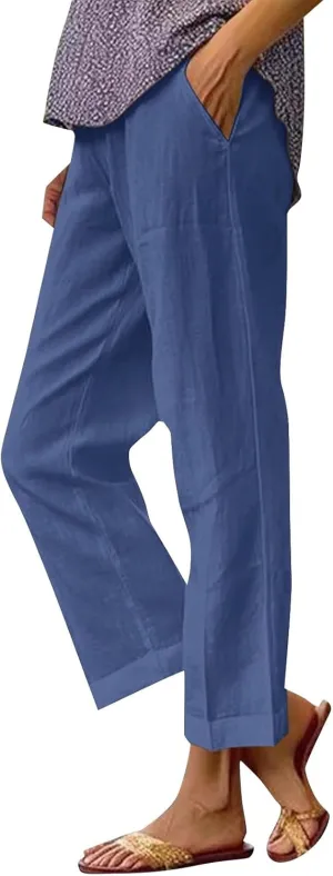 Womens Wide Leg Pants Elastic Waistband High Waistband Pocket Pants Side Buttons Nine Point Pants Loose Casual Pants
