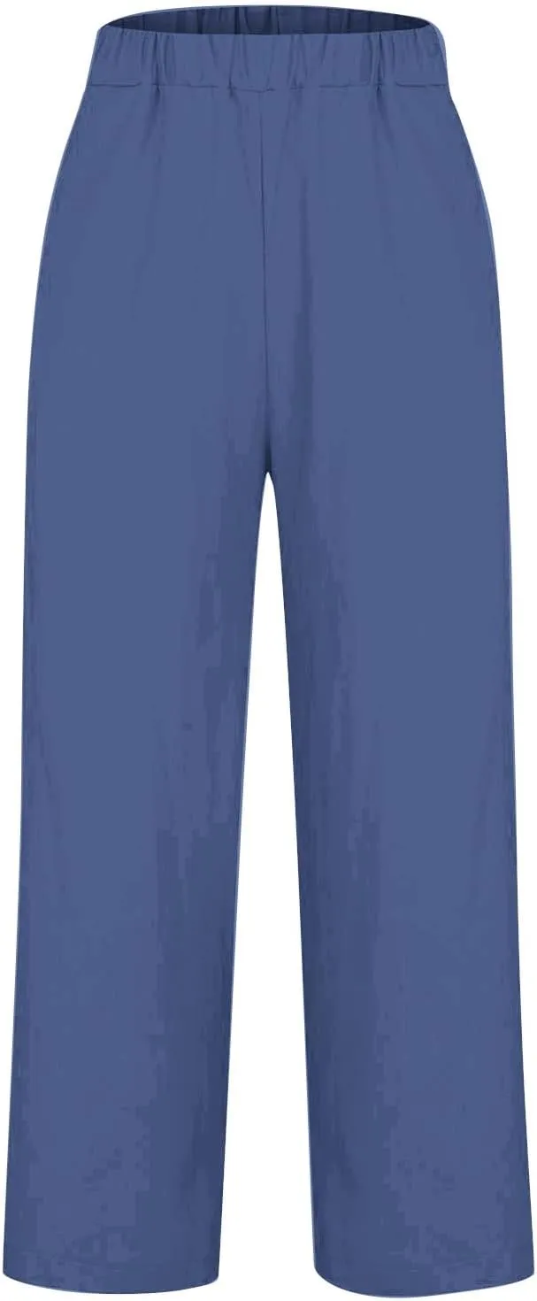 Womens Wide Leg Pants Elastic Waistband High Waistband Pocket Pants Side Buttons Nine Point Pants Loose Casual Pants