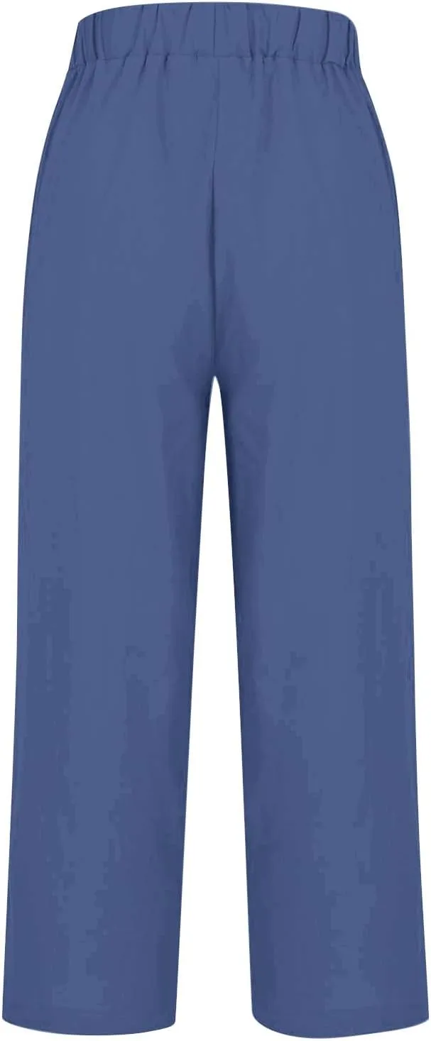 Womens Wide Leg Pants Elastic Waistband High Waistband Pocket Pants Side Buttons Nine Point Pants Loose Casual Pants