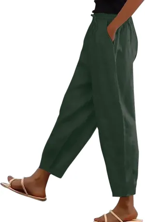 Womens Wide Leg Pants Elastic Waistband High Waistband Pocket Pants Side Buttons Nine Point Pants Loose Casual Pants