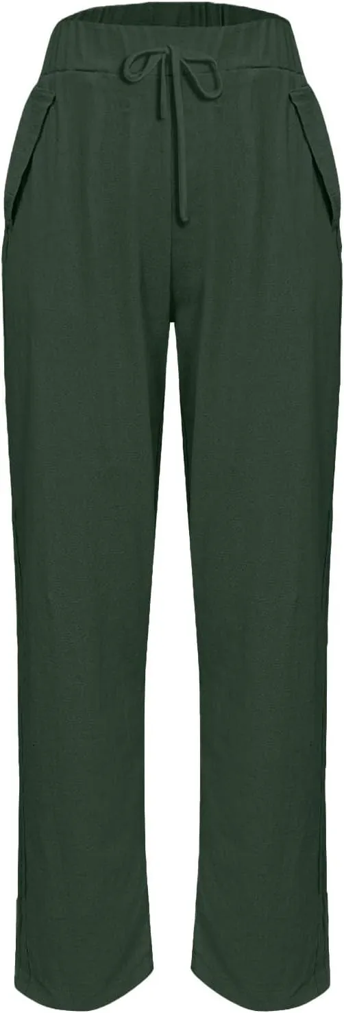 Womens Wide Leg Pants Elastic Waistband High Waistband Pocket Pants Side Buttons Nine Point Pants Loose Casual Pants
