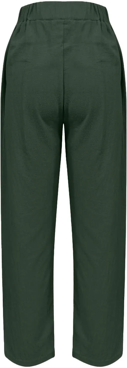 Womens Wide Leg Pants Elastic Waistband High Waistband Pocket Pants Side Buttons Nine Point Pants Loose Casual Pants
