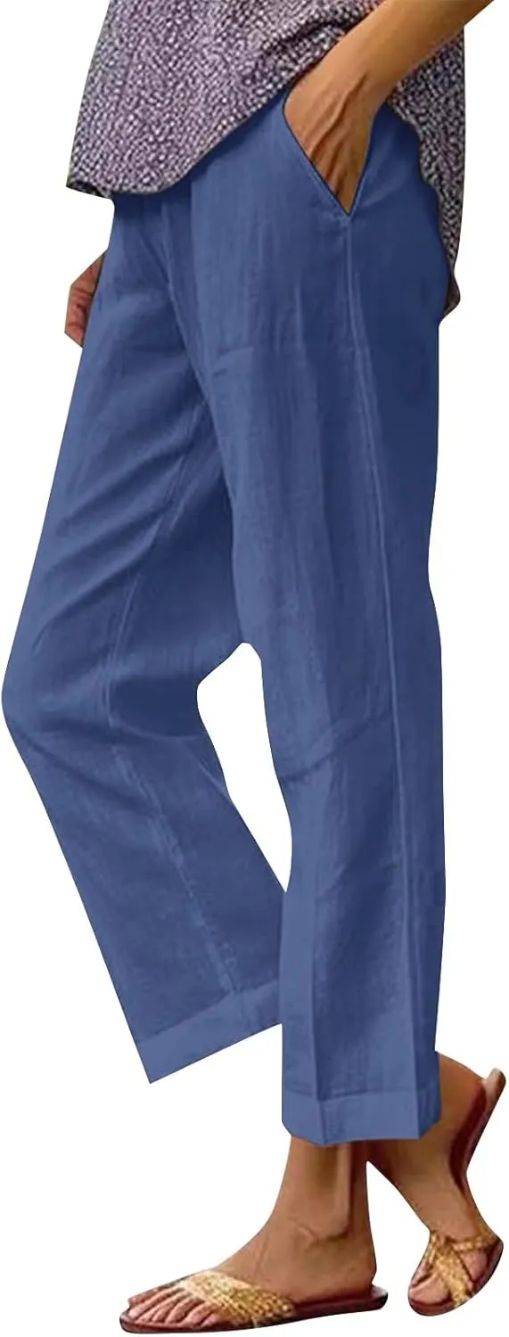 Womens Wide Leg Pants Elastic Waistband High Waistband Pocket Pants Side Buttons Nine Point Pants Loose Casual Pants