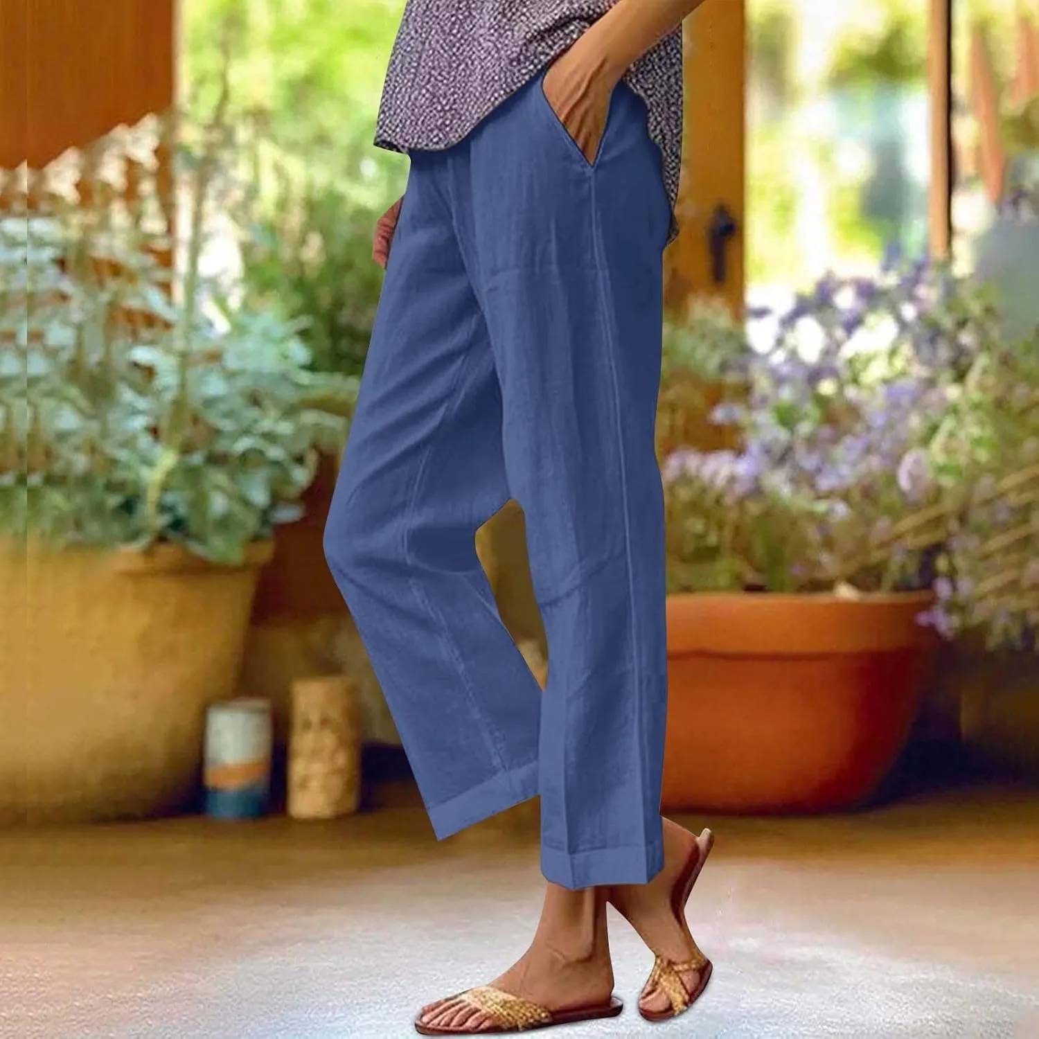 Womens Wide Leg Pants Elastic Waistband High Waistband Pocket Pants Side Buttons Nine Point Pants Loose Casual Pants