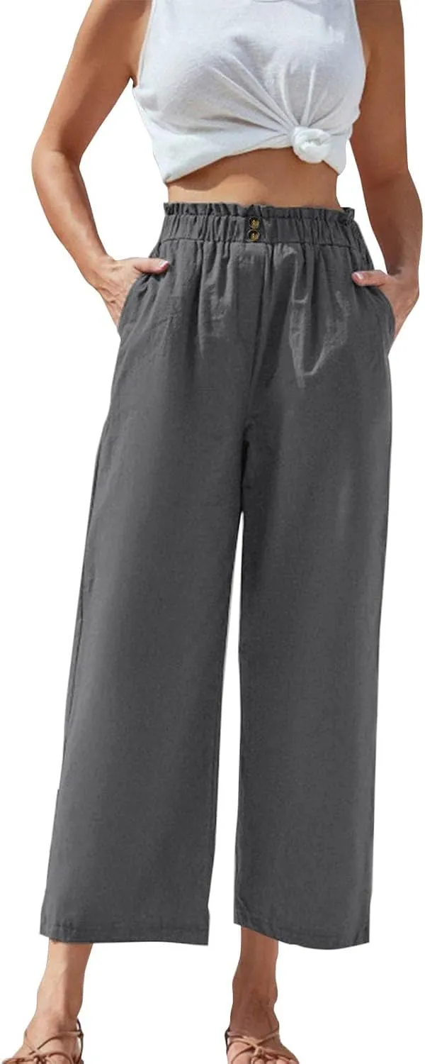 Women's Wide Leg Pants with Pockets Cotton Linen 7/10 Pants Leisure Pants Trendy Lounge Pant with Pockets Women's