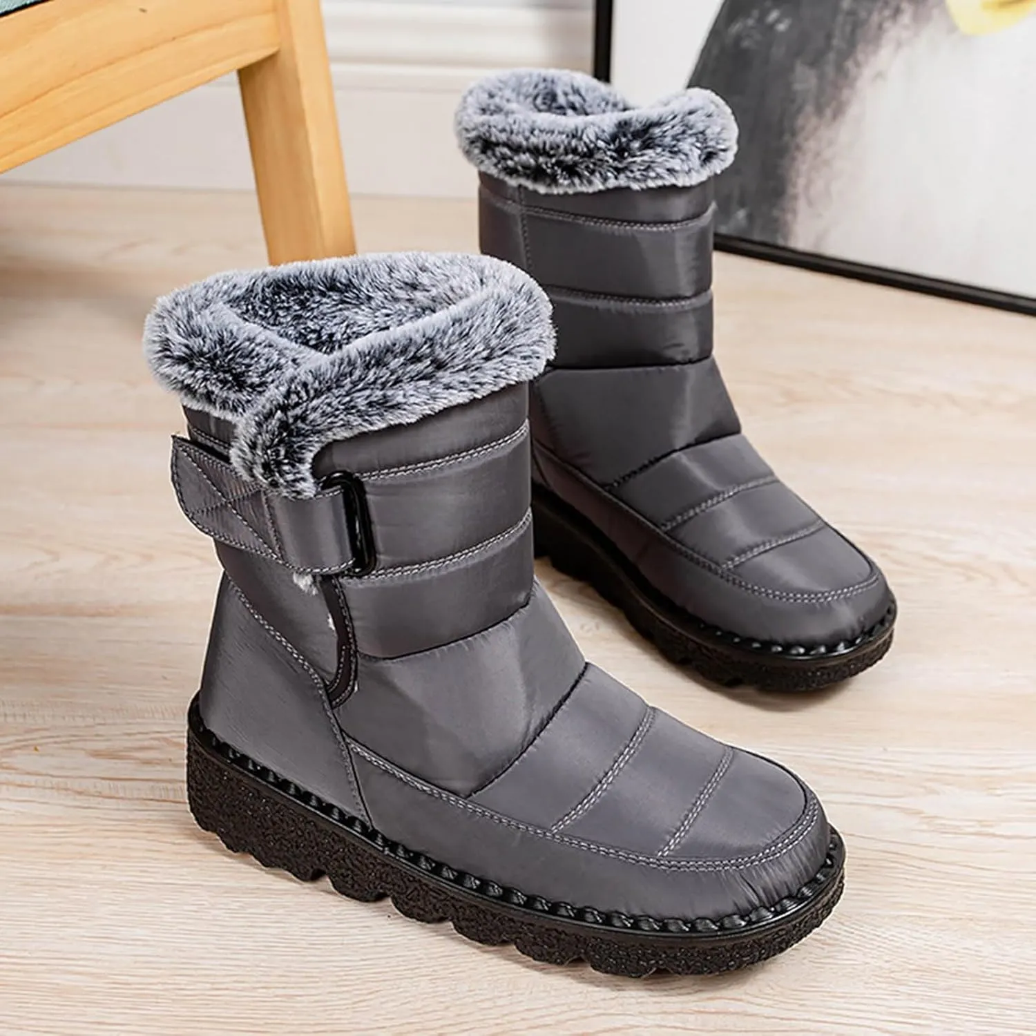 Womens Winter Snow Boots Men Couple Warm Fur Lined Booties Non Slip Waterproof Flat Hook Loop Snow Boots