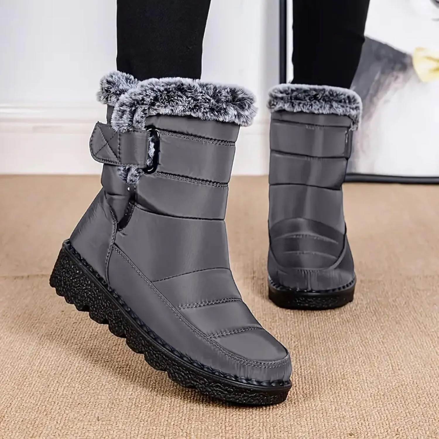 Womens Winter Snow Boots Men Couple Warm Fur Lined Booties Non Slip Waterproof Flat Hook Loop Snow Boots