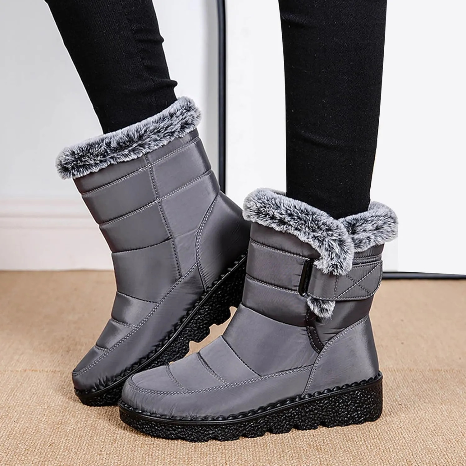 Womens Winter Snow Boots Men Couple Warm Fur Lined Booties Non Slip Waterproof Flat Hook Loop Snow Boots
